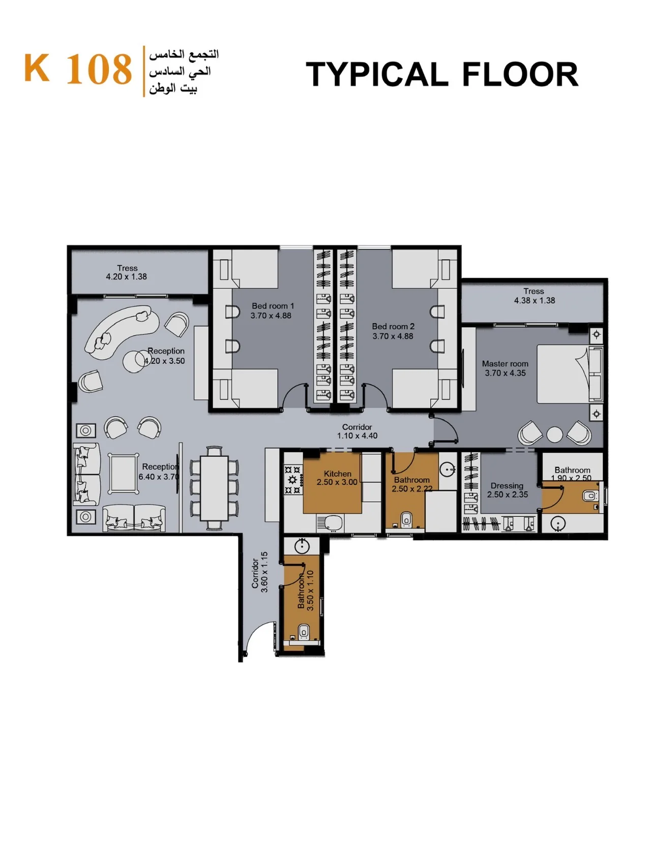 Floor plan — 225 m² 3-bedroom apartment at K108